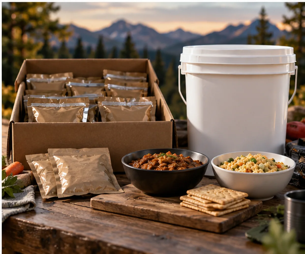 Assorted shelf-stable emergency meal pouches, storage bucket and prepared meals