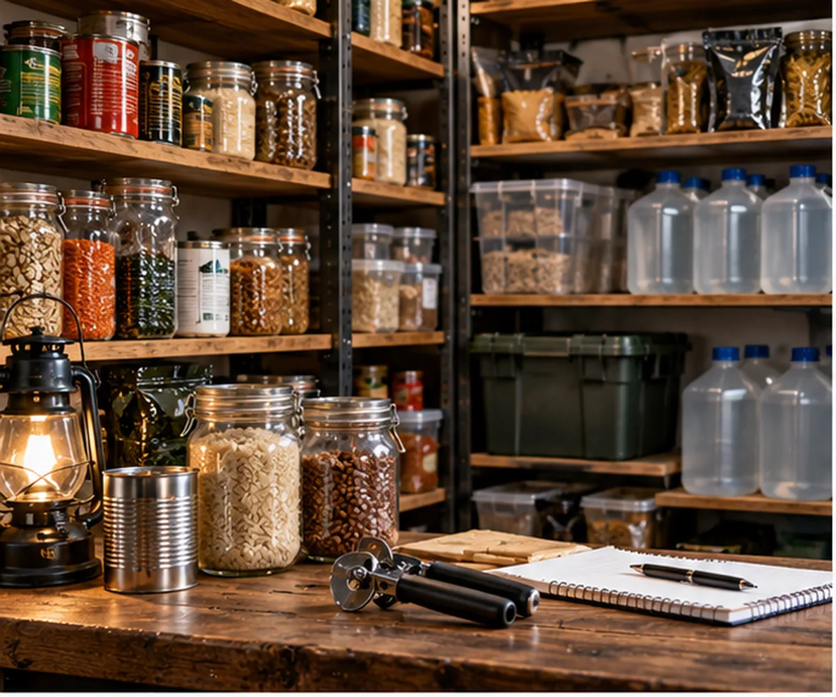 Organized emergency pantry with shelf-stable foods, water containers and preparedness supplies