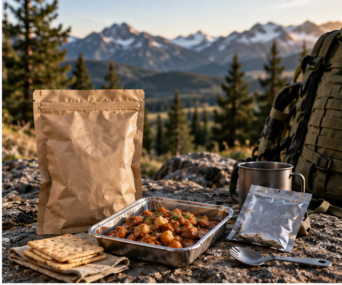 Ready-to-eat emergency meal with crackers and field gear in a mountain setting