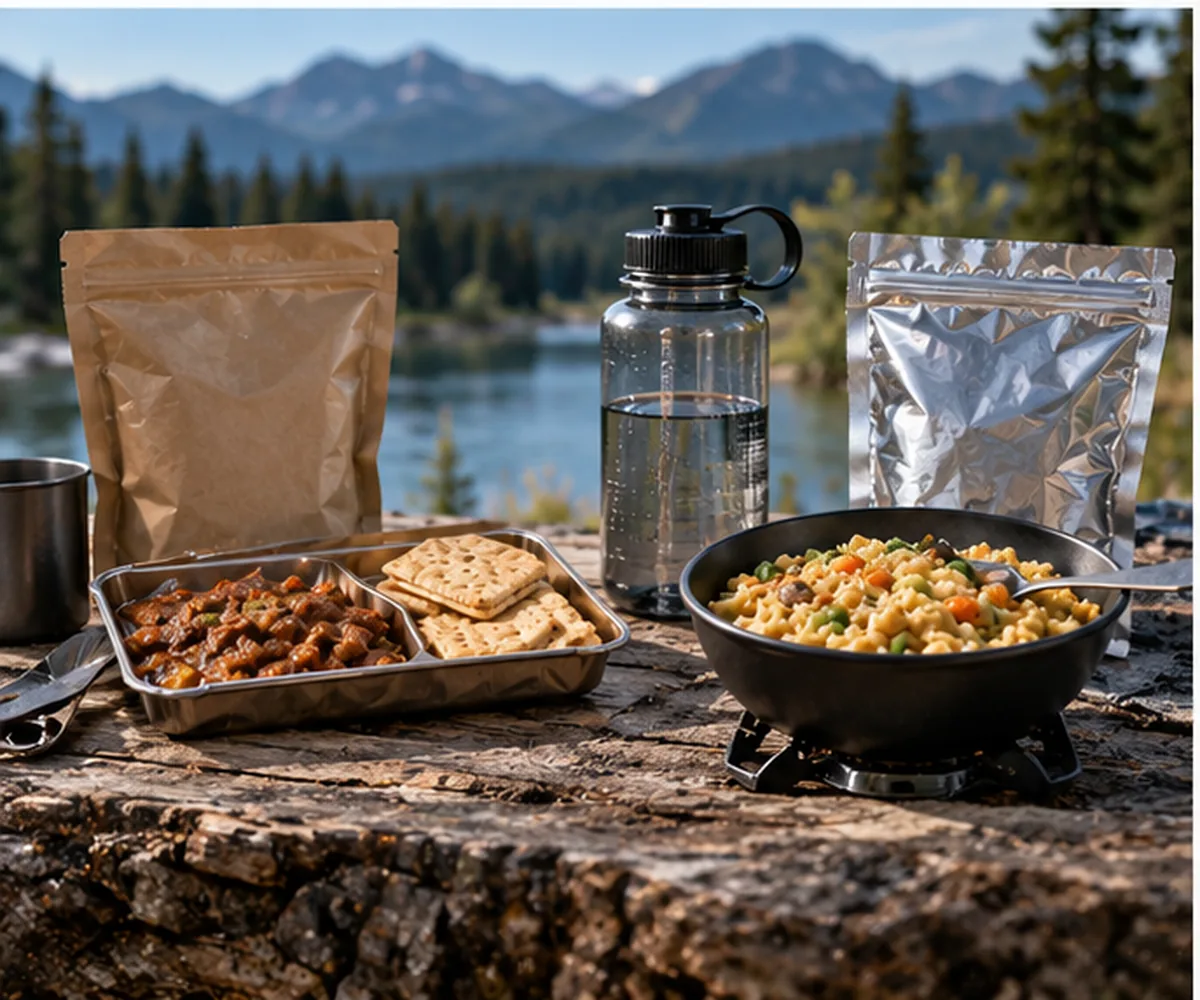 Ready-to-eat meal and freeze-dried food beside stored water in an outdoor setting